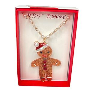 Betsey Johnson Gingerbread Man with Santa Hat Necklace, Copper